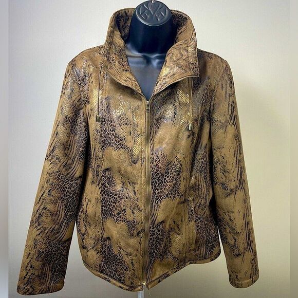 Vintage Brown Gold Black Faux Snakeskin Graphic Bomber Jacket - Picture 1 of 12